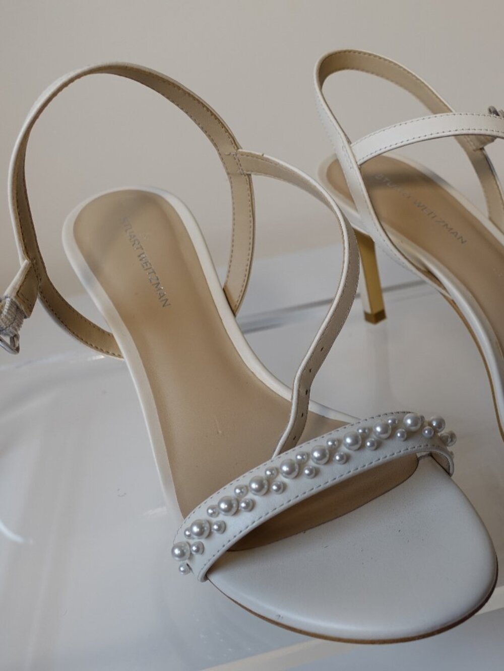 Stuart Weitzman pearl-embellished ankle strap sandal size 8